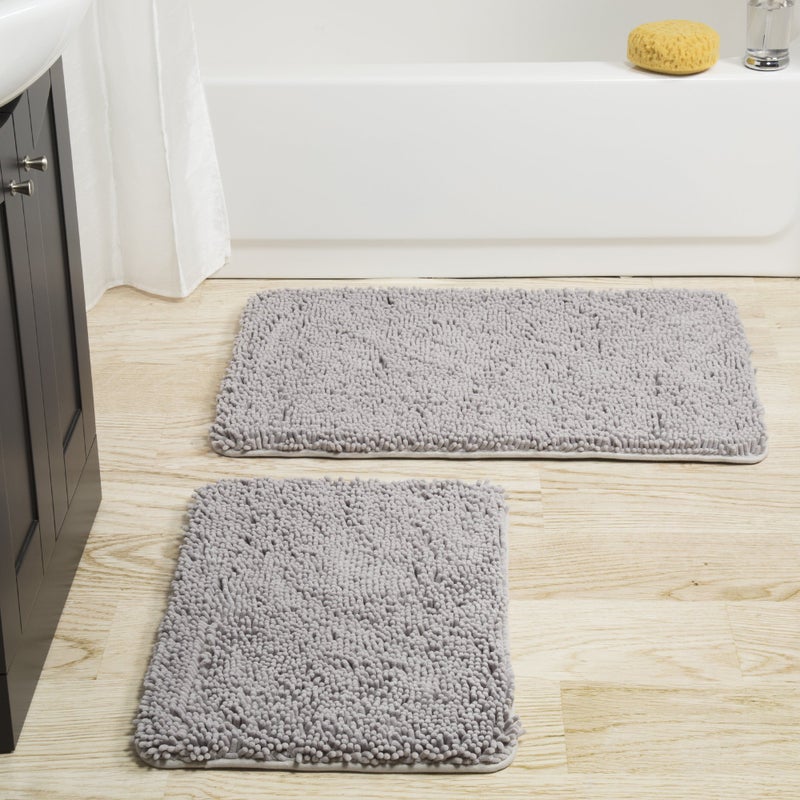 Lavish Home 2 Piece Bathroom Rug Set - 32x21 Inch and 24x17 Inch Memory Foam Bath Mats with Chenille Shag Top for Stylish Bathroom Decor - Machine Washable Bath Rugs Set of 2 by Lavish Home (Gray) - Image 1
